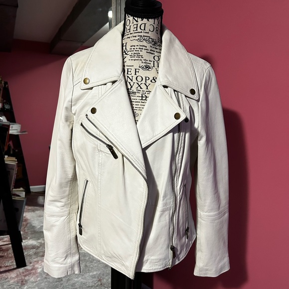 White / Off White Sheep Leather Moto Jacket - Picture 1 of 10